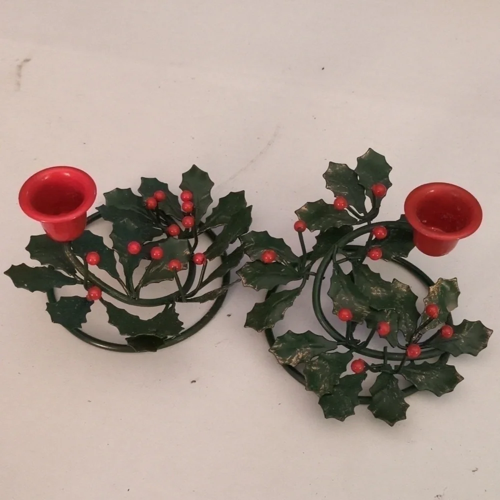 Christmas metal Candlestick Holders holly berries.